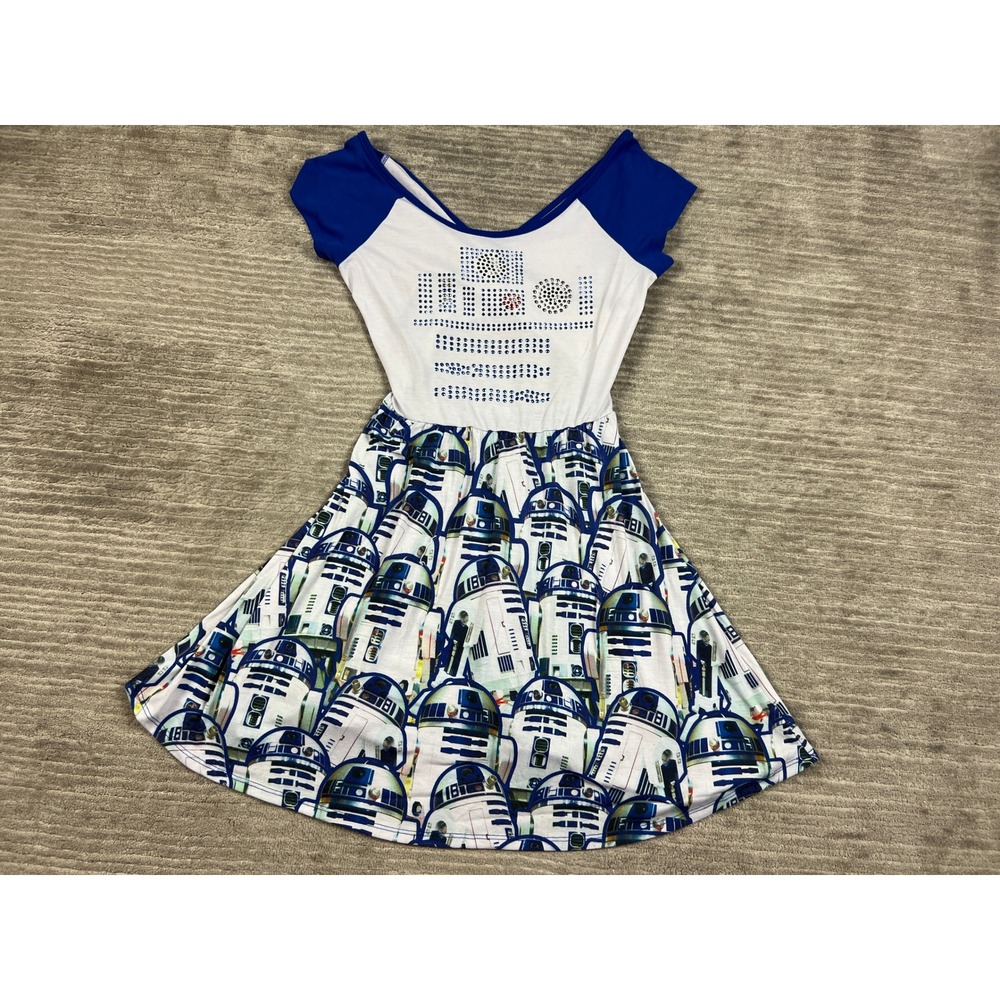Star Wars Dress Womens Small White Blue Skater Fit Flare Rhinestone Strappy Back